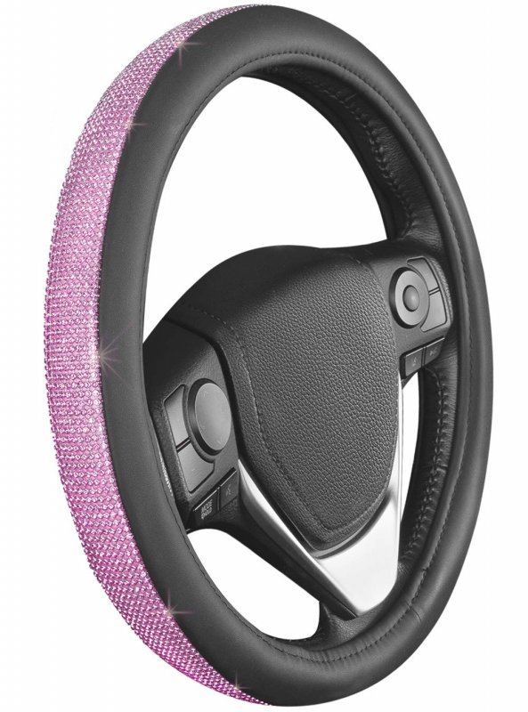 Pink Diamond Crystal Bling Steering Wheel Cover Set With Rhinestone License Plate Frame And Black Windshield Sunshade Universal