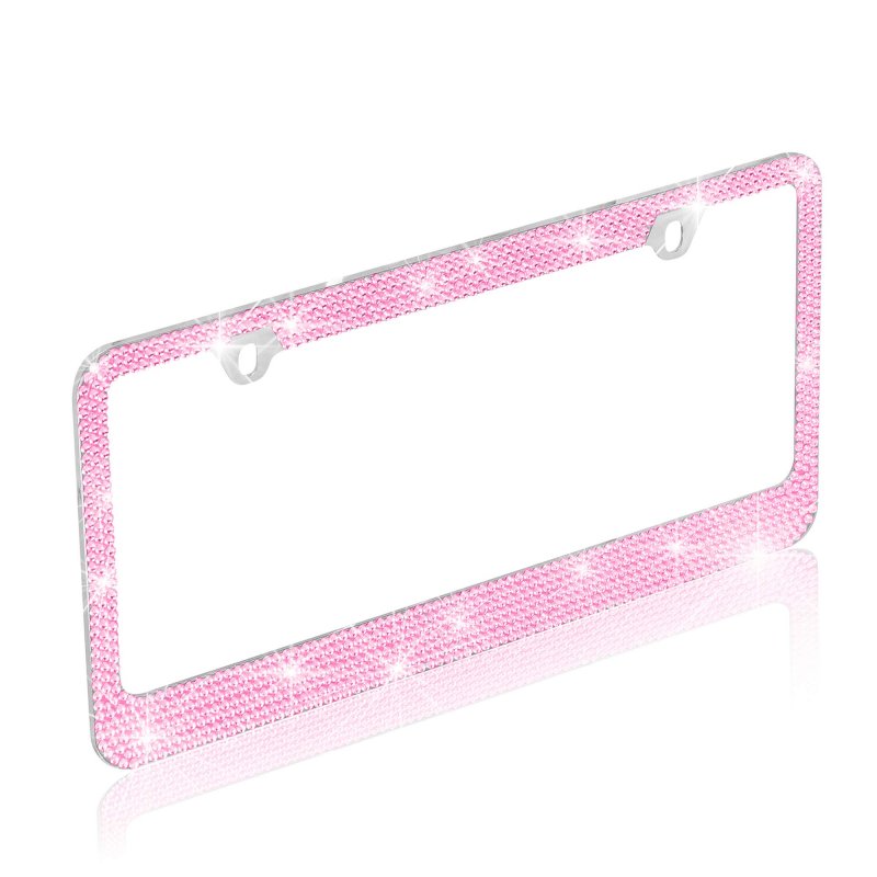 Pink Diamond Crystal Bling Steering Wheel Cover Set With Rhinestone License Plate Frame And Black Windshield Sunshade Universal