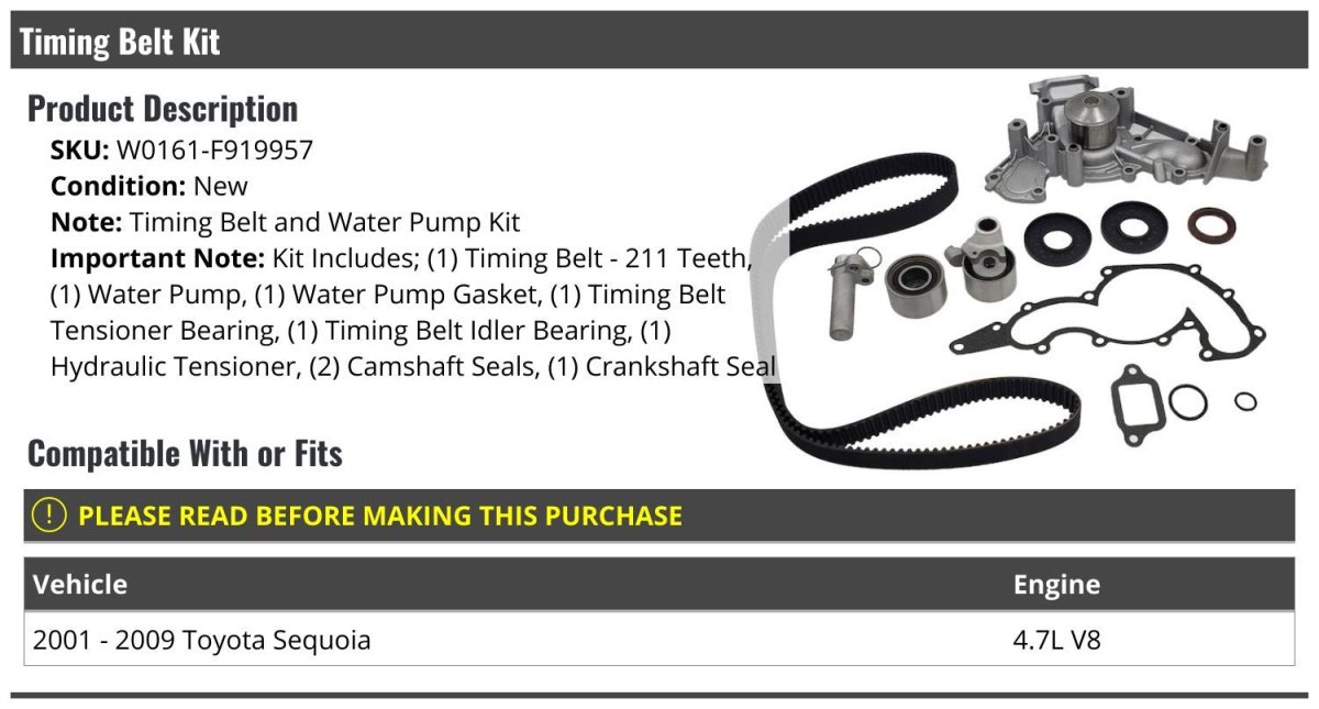 Timing Belt And Water Pump Kit For 2001-2009 Toyota Sequoia 4 7l V8