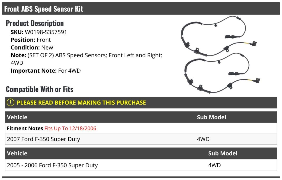 Front Abs Speed Sensor Kit Set Of 2 For 2005-2007 Ford F-350 Super Duty 4wd Up To 12 18 2006