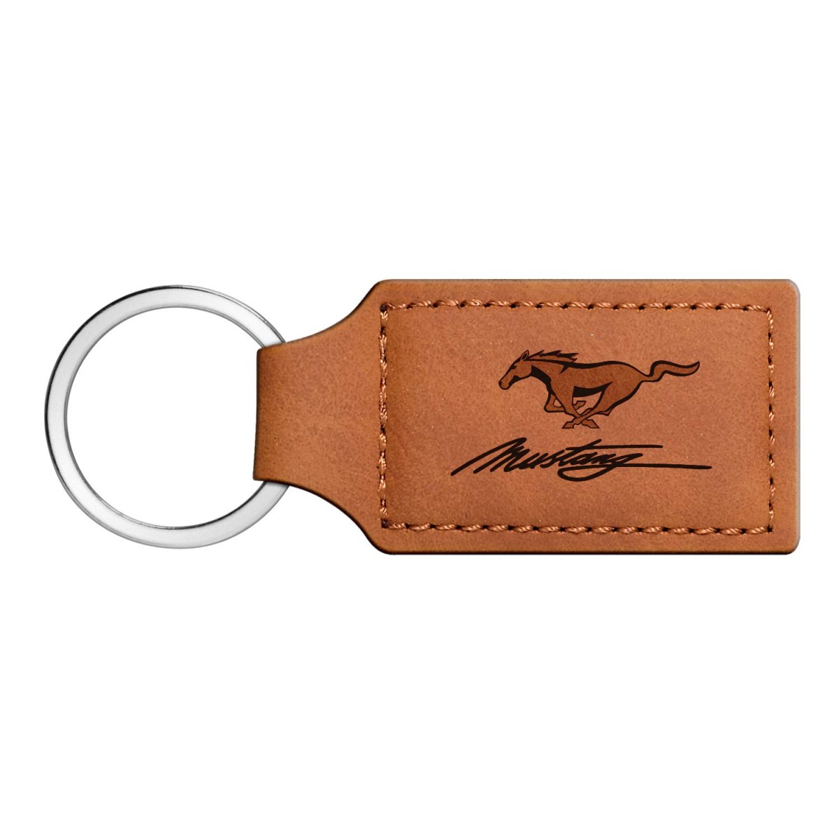 Ford Mustang Script Rectangular Brown Leather Key Chain Official Licensed