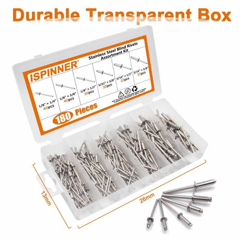 Ispinner 180pcs Stainless Steel Blind Rivets 1 8 5 32 3 16 Pop 6 Sizes Assortment Kit