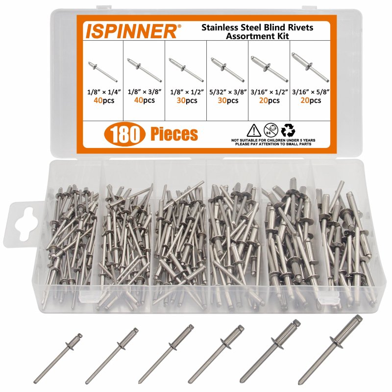 Ispinner 180pcs Stainless Steel Blind Rivets 1 8 5 32 3 16 Pop 6 Sizes Assortment Kit