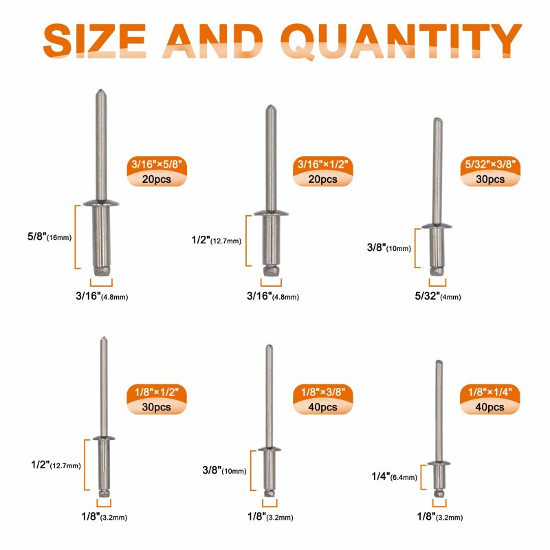 Ispinner 180pcs Stainless Steel Blind Rivets 1 8 5 32 3 16 Pop 6 Sizes Assortment Kit