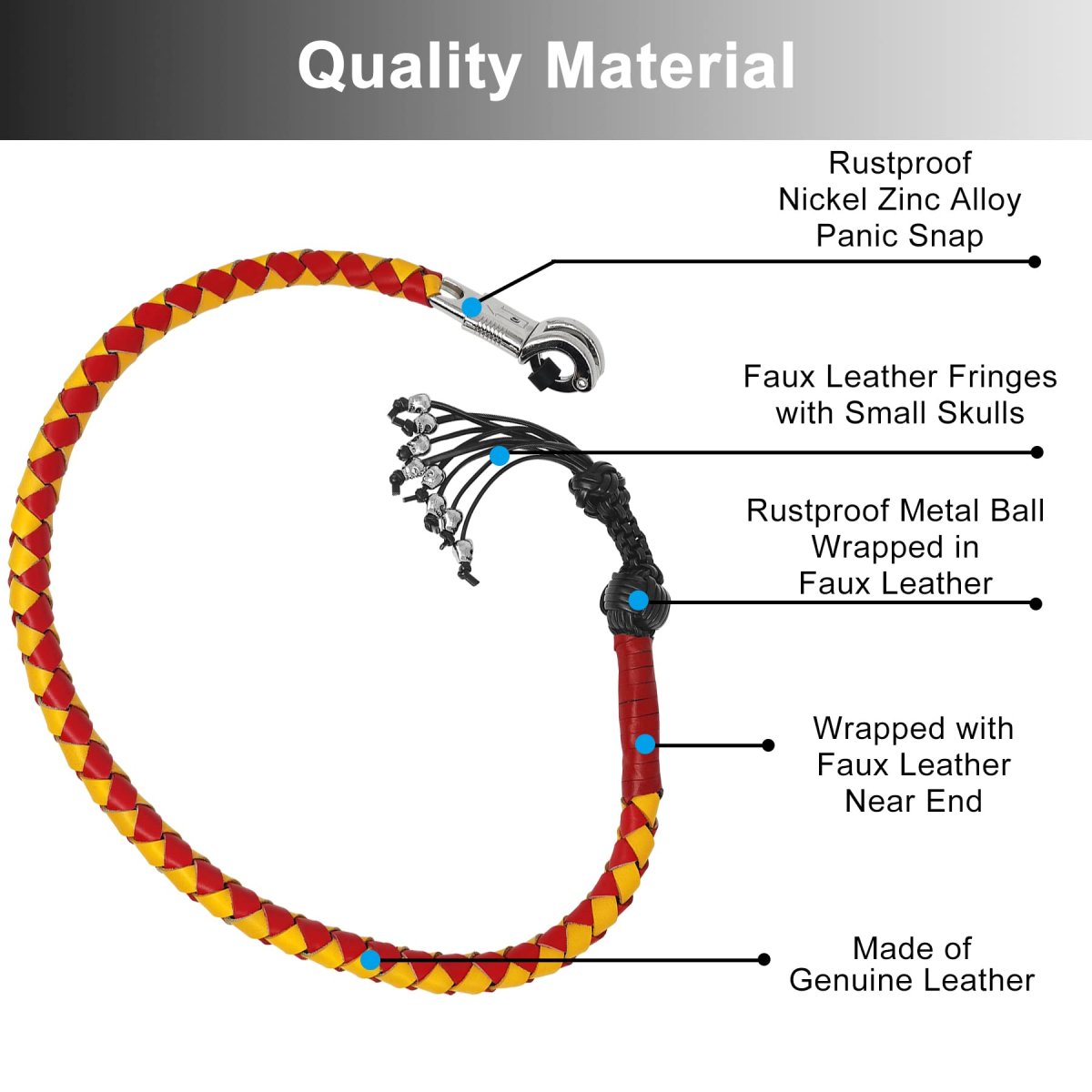 42 In Motorcycle Get Back Whip Genuine Leather Biker For Handlebar With Fringes And Skulls Yellow Red