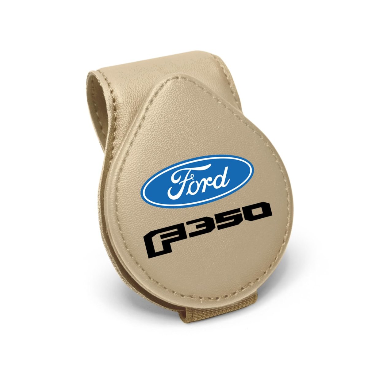 Ford F-350 Logo Beige Leather Magnetic Sunglass Holder Car Sun Visor Mount Clip Official Licensed 2 5 In X 3 38