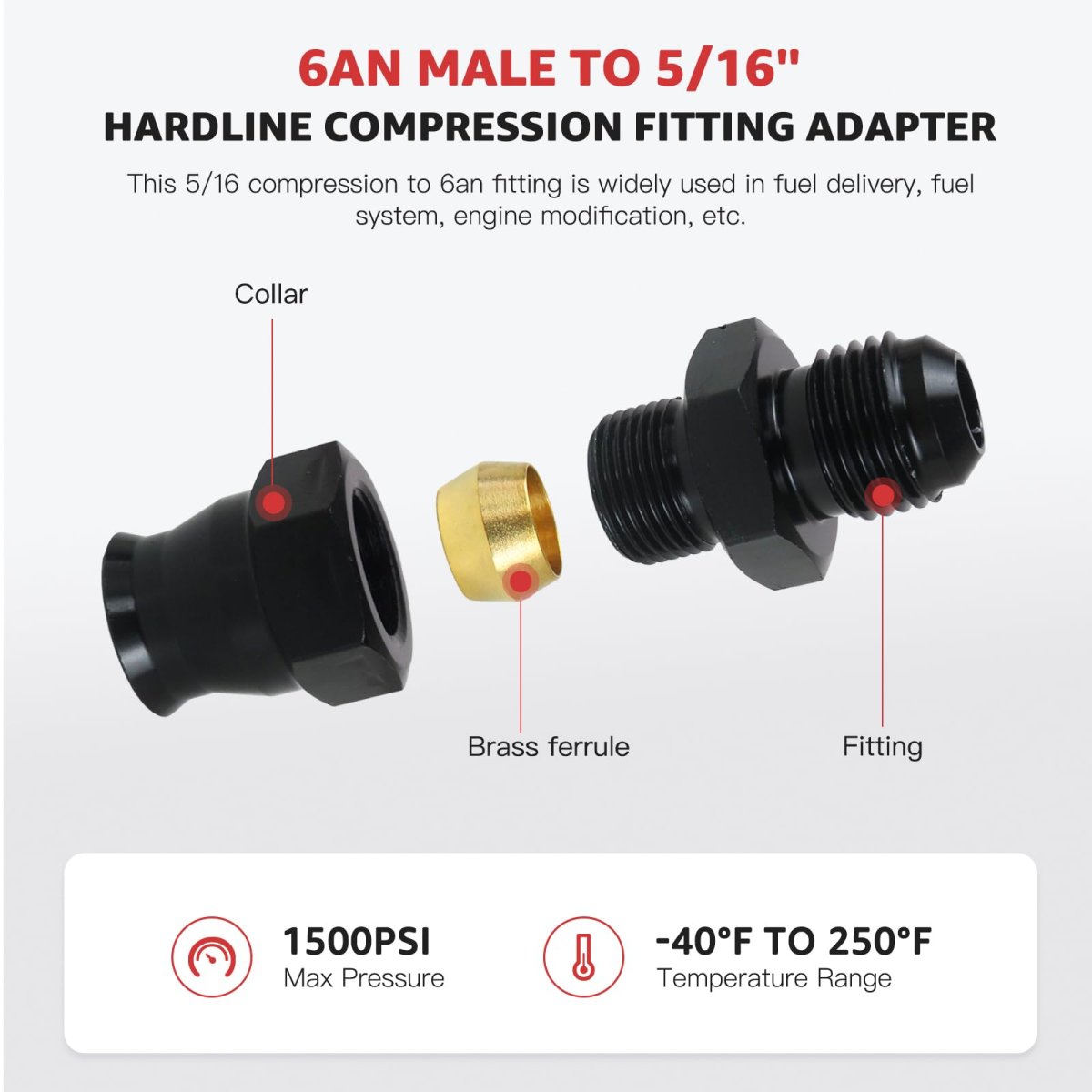 6an To 5 16 In Hardline Adapter 37 Degrees Flare Seal Aluminum Alloy With Brass Ferrule For Fuel Systems 2 Pack