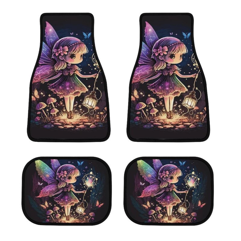Cute Fairy Car Floor Mats Automotive Sparkling Fireflies Mushroom Rubberpet 4a Pieces Set All Weather Protector Non-slip