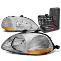 Auto Dynasty Chrome Housing Amber Corner Headlight Head Lamps Tool Kit For Honda Civic 96-98 
