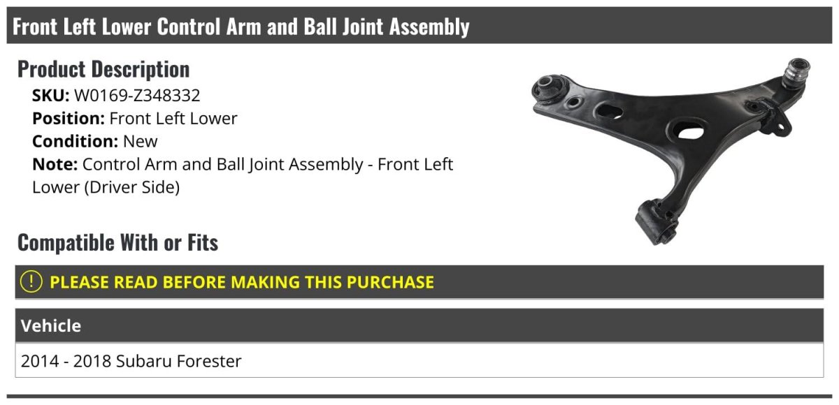Front Left Driver Side Lower Control Arm And Ball Joint Assembly For 2014-2018 Subaru Forester