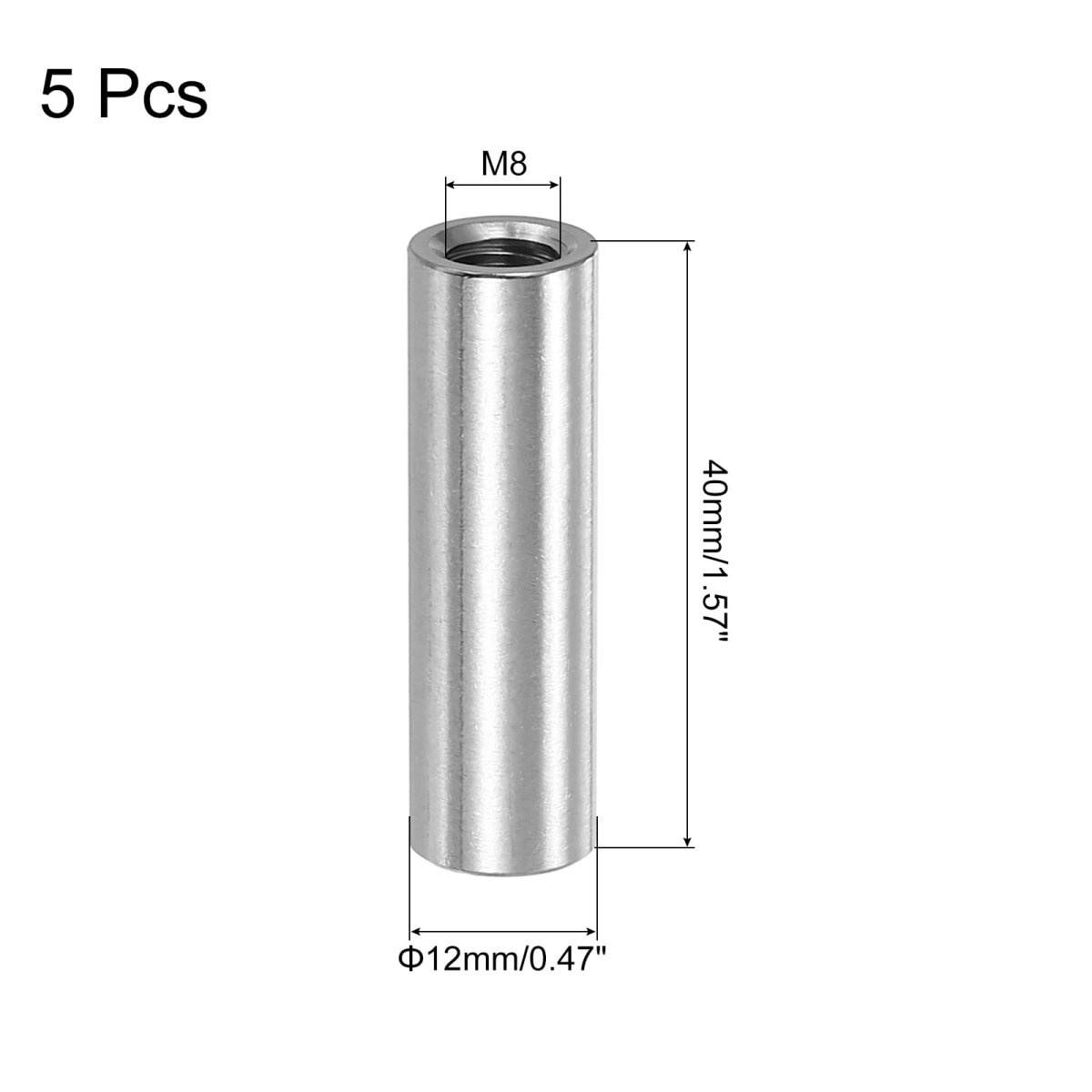 M8x1 25mm Round Coupling Nuts 5 Pcs 304 Stainless Steel Connector Fasteners Rod Bar Stud 40mm For Industrial Construction