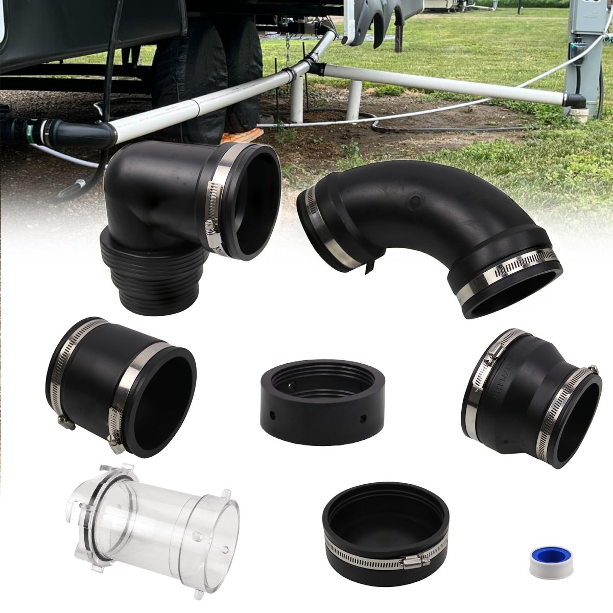Complete Rv Sewer Hose Kit For 3 In Pvc Pipe Camper Waste Plumbing System With Adapters 90 Degrees Elbow And Clear Extension
