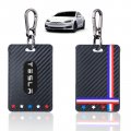 Febrytold Key Card Holder For Tesla 2pcs Case Model Y And 3 Protector Cover With Car Keychain Accessories Carbon Fiber 