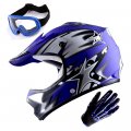 Wow Youth Motocross Helmet Bmx Mx Atv Dirt Bike Matt Star Blue Goggles Skeleton Glove Bundle 