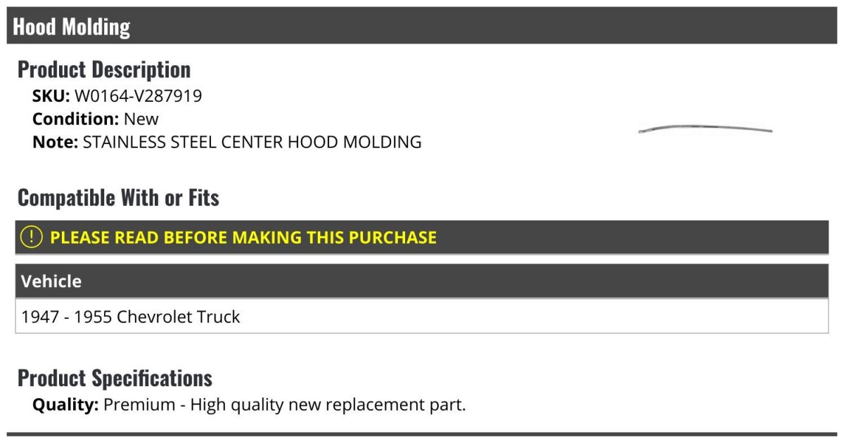 Stainless Steel Center Hood Molding For 1947-1955 Chevy Truck