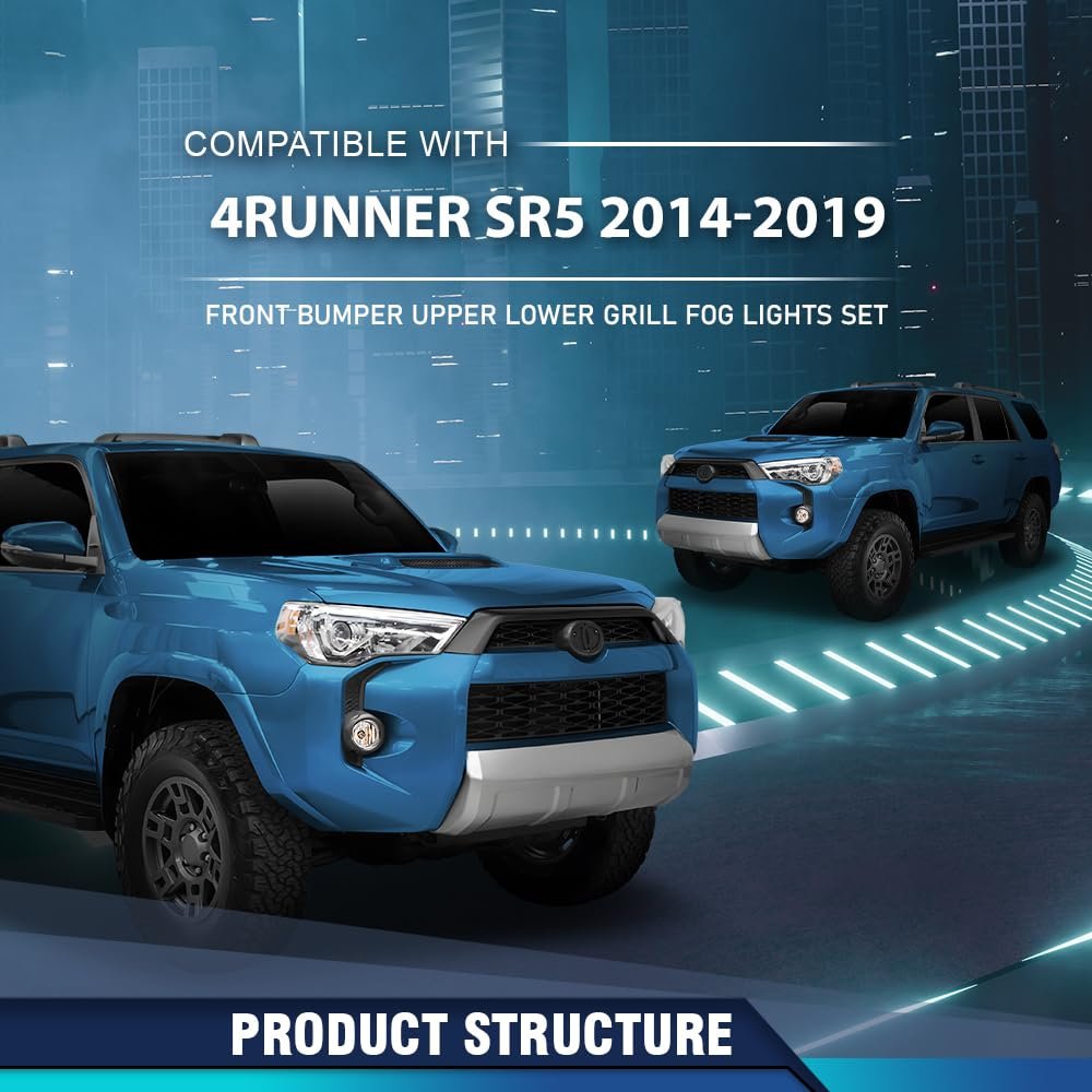 Front Bumper Upper And Lower Grill With Fog Lights Set For Toyota 4runner Sr5 2014 2015 2016 2017 2018 2019 Black