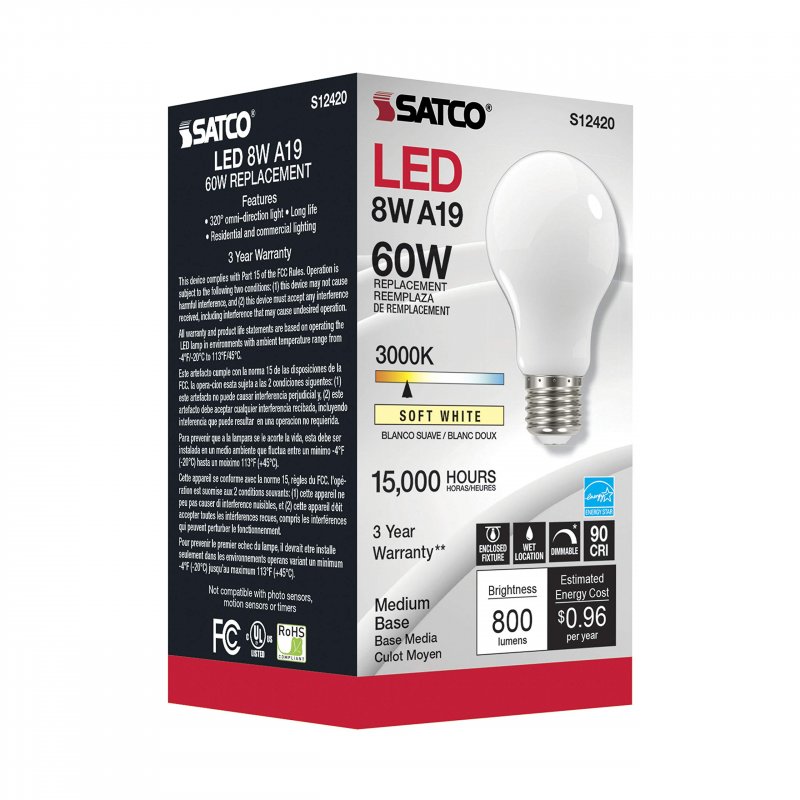 S12420 8 2w Led A19 Filament Light Bulb 60w Replacement 3000k Soft White E26 Medium Base Dimmable 800 Lumens Glass 1 Pack