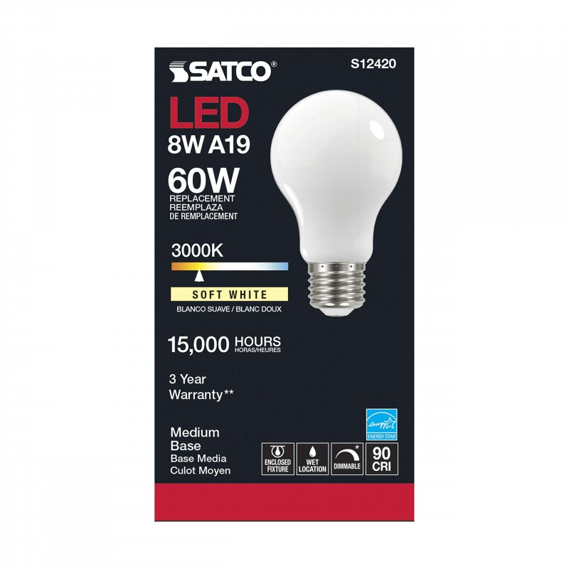 S12420 8 2w Led A19 Filament Light Bulb 60w Replacement 3000k Soft White E26 Medium Base Dimmable 800 Lumens Glass 1 Pack