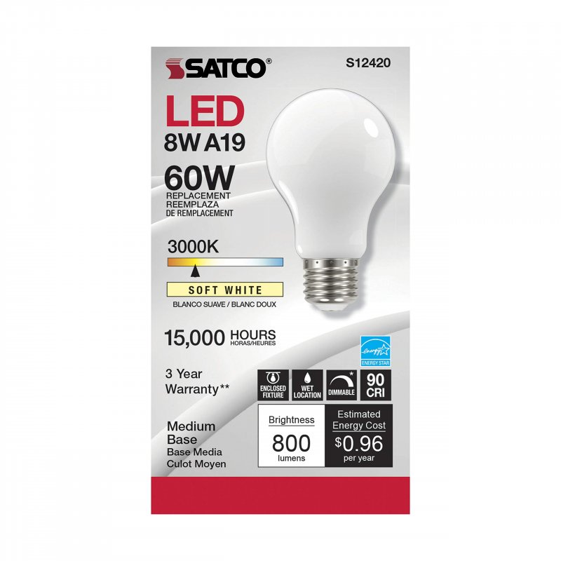 S12420 8 2w Led A19 Filament Light Bulb 60w Replacement 3000k Soft White E26 Medium Base Dimmable 800 Lumens Glass 1 Pack