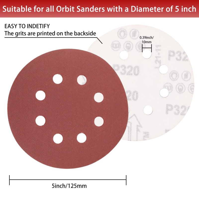 5 In 8 Hole Sanding Disc Hook And Loop 320 Grit Random Orbital Sandpaper For Automotive Woodworking 100 Pack Aluminum Oxide
