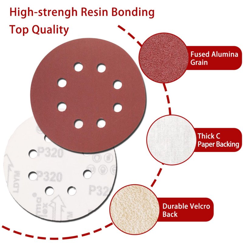 5 In 8 Hole Sanding Disc Hook And Loop 320 Grit Random Orbital Sandpaper For Automotive Woodworking 100 Pack Aluminum Oxide