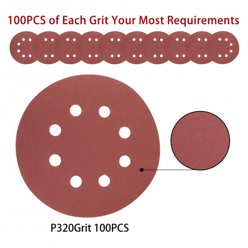 5 In 8 Hole Sanding Disc Hook And Loop 320 Grit Random Orbital Sandpaper For Automotive Woodworking 100 Pack Aluminum Oxide