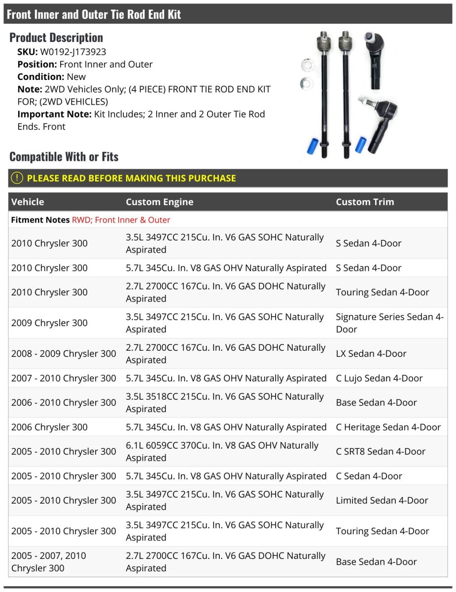 Front Inner And Outer Tie Rod End 4 Piece Kit For 2005-2010 Chrysler 300 Rwd
