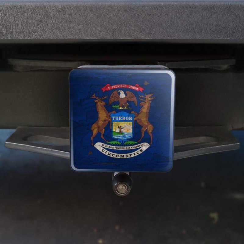 Rustic Michigan State Flag Distressed Usa Tow Trailer Hitch Cover Plug For 2 In Receivers Black Abs Plastic With Uv Resistant
