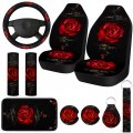Red Rose Car Seat Covers 10 Piece Interior Set For Women Flower Polyester Rubber Steering Wheel Cover Armrest And Seatbelt 