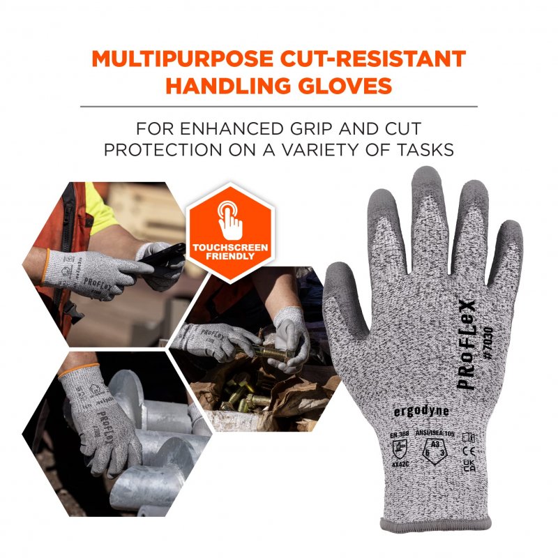 Ergodyne Proflex 7030 Cut Resistant Work Gloves Ansi A3 Pu Coated Palms For Flexible No Slip Grip Abrasion 13g 12-pairs