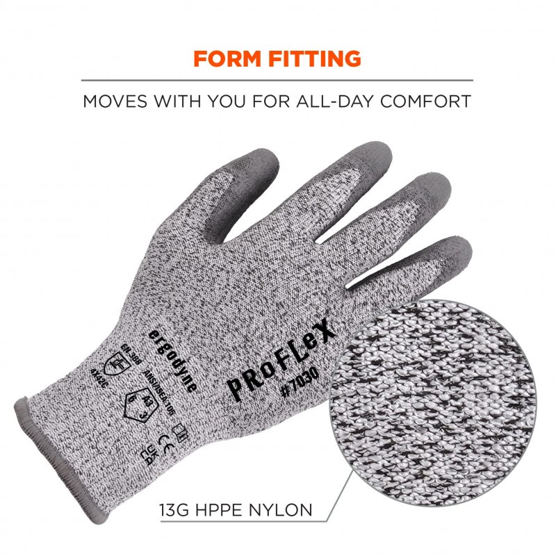 Ergodyne Proflex 7030 Cut Resistant Work Gloves Ansi A3 Pu Coated Palms For Flexible No Slip Grip Abrasion 13g 12-pairs