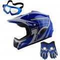 Wow Youth Motocross Helmet Bmx Mx Atv Dirt Bike Spider Web Blue Goggles Martian Glove Bundle 