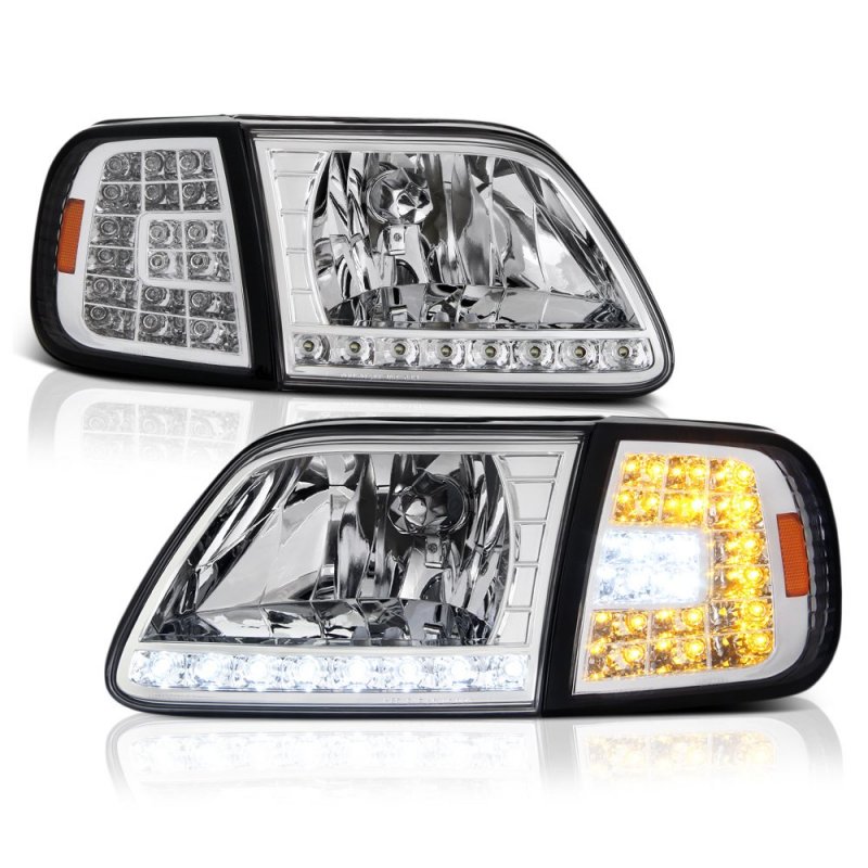 Led Strip Headlight Turn Signal Corner Lamp For 1997-2003 Ford F150 Expedition Metallic Chrome Housing Driver And Passenger