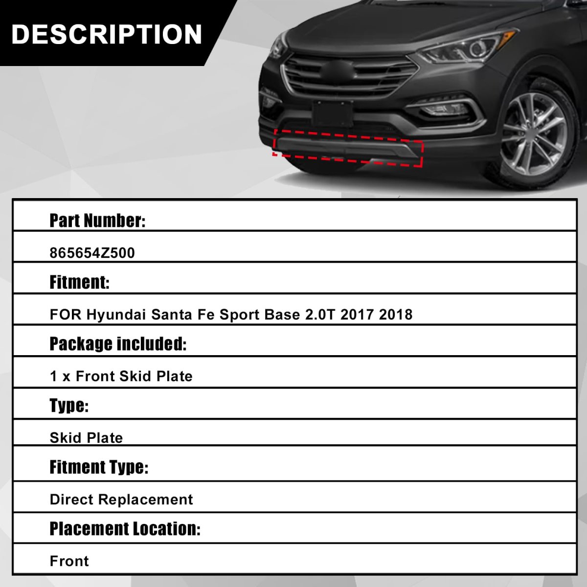 Skid Plate Front For Hyundai Santa Fe Sport Base 2 0t 2017 2018 Replace 865654z500
