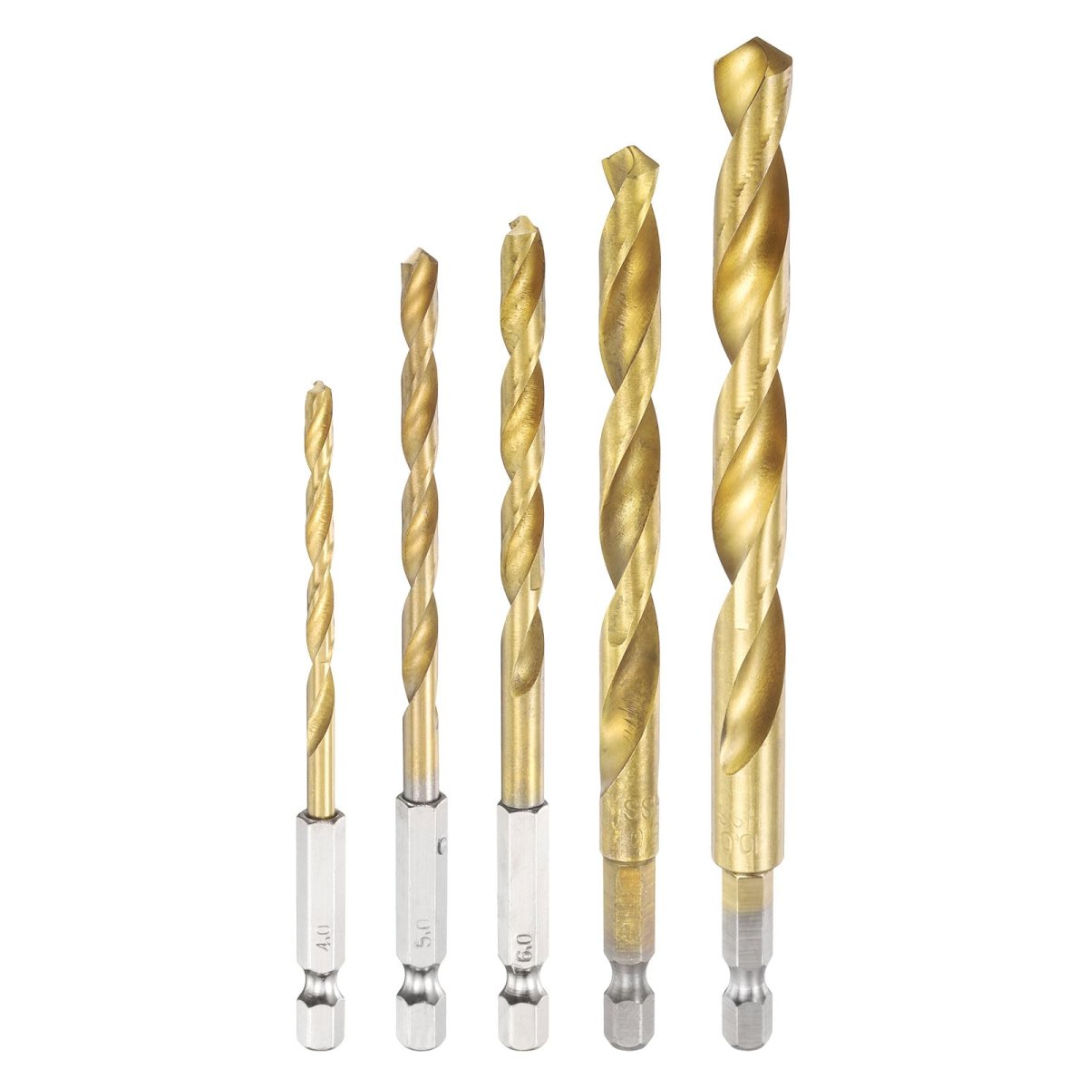 5pcs 1 4 Hex Shank Titanium Twist Drill Bit Set Sizes 5 6 8 10mm Drilling Dia High Speed Steel Drills For Hardened Metal