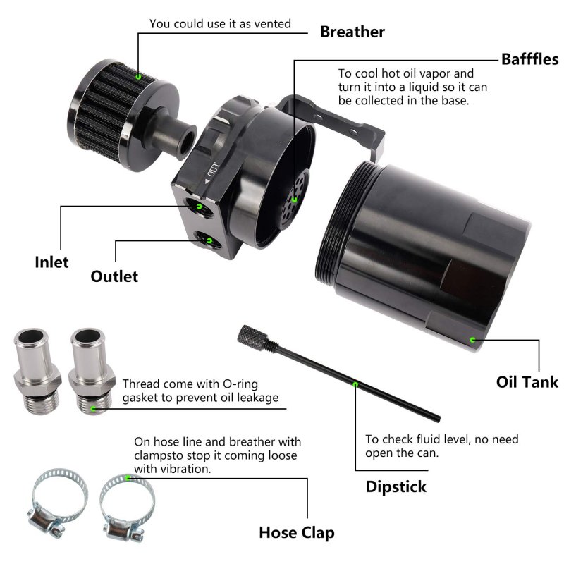 Universal Baffled Oil Catch Can Reservoir Tank Engine Air Separator Kit With High Pressure Hose 300ml Capacity Black Aluminum