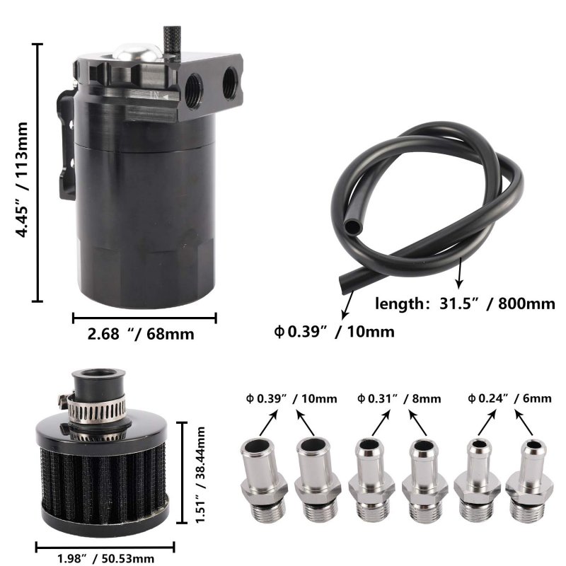 Universal Baffled Oil Catch Can Reservoir Tank Engine Air Separator Kit With High Pressure Hose 300ml Capacity Black Aluminum