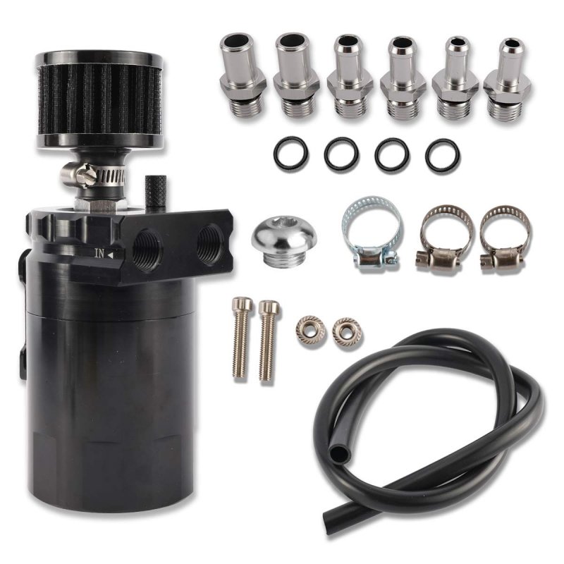 Universal Baffled Oil Catch Can Reservoir Tank Engine Air Separator Kit With High Pressure Hose 300ml Capacity Black Aluminum