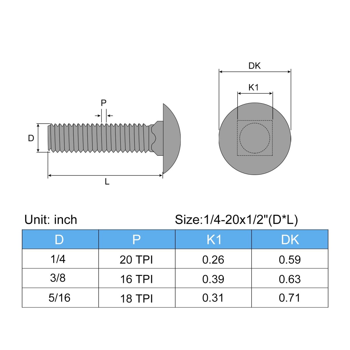 1 4-20x1 2 Carriage Bolt 10pcs Round Head Square Neck Screws 304 Stainless Steel Fully Threaded Silver