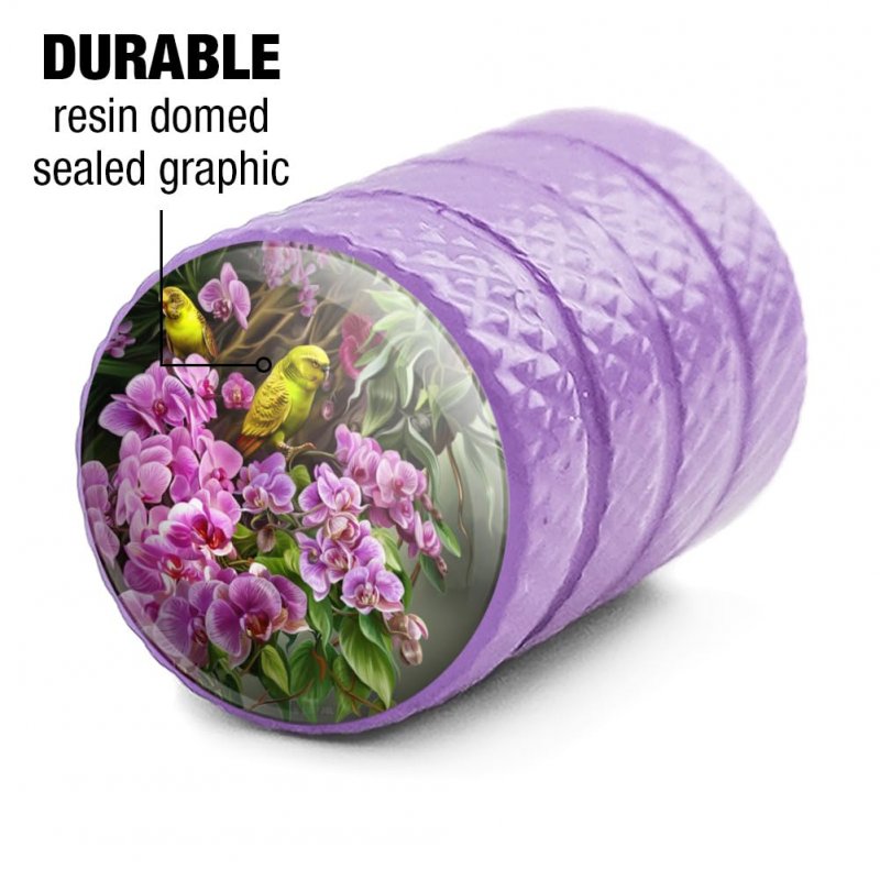Yellow Budgies And Purple Orchids Valve Stem Caps For Tire Rim Wheel Aluminum
