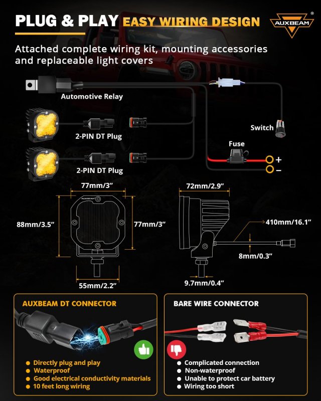 Auxbeam Led Fog Lights Amber 3 Inch 80w X-pro Series 9600lm Pods Wide Range Flood 120a Broad Reflector Yellow White Covers