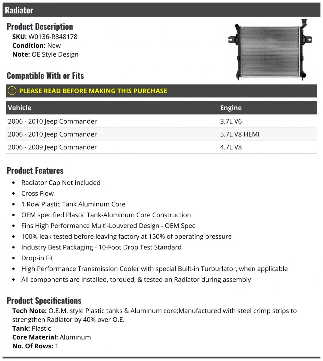 Radiator Without Cap For 2006-2010 Jeep Commander