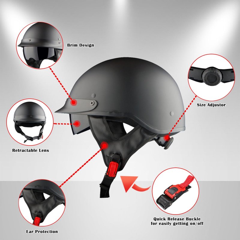 1storm Motorcycle Half Face Helmet Mopeds Scooter Pilot With Retractable Inner Smoked Visor Glossy Black