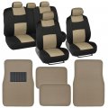 Mesh Cloth Polyester Car Seat Covers And Carpet Floor Mats Full Set Beige Black Universal Fit For Cars Suvs Vans Os-316-bg 