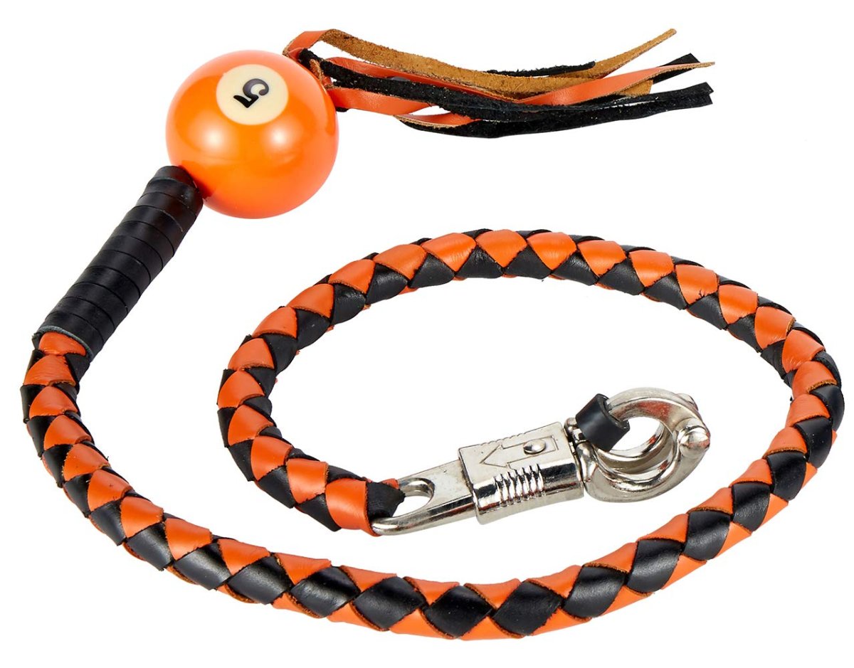 Dream Apparel 42a Leather Motorcycle Get Back Whip For Handlebar Fringed Biker With Pool Ball Black And Orange
