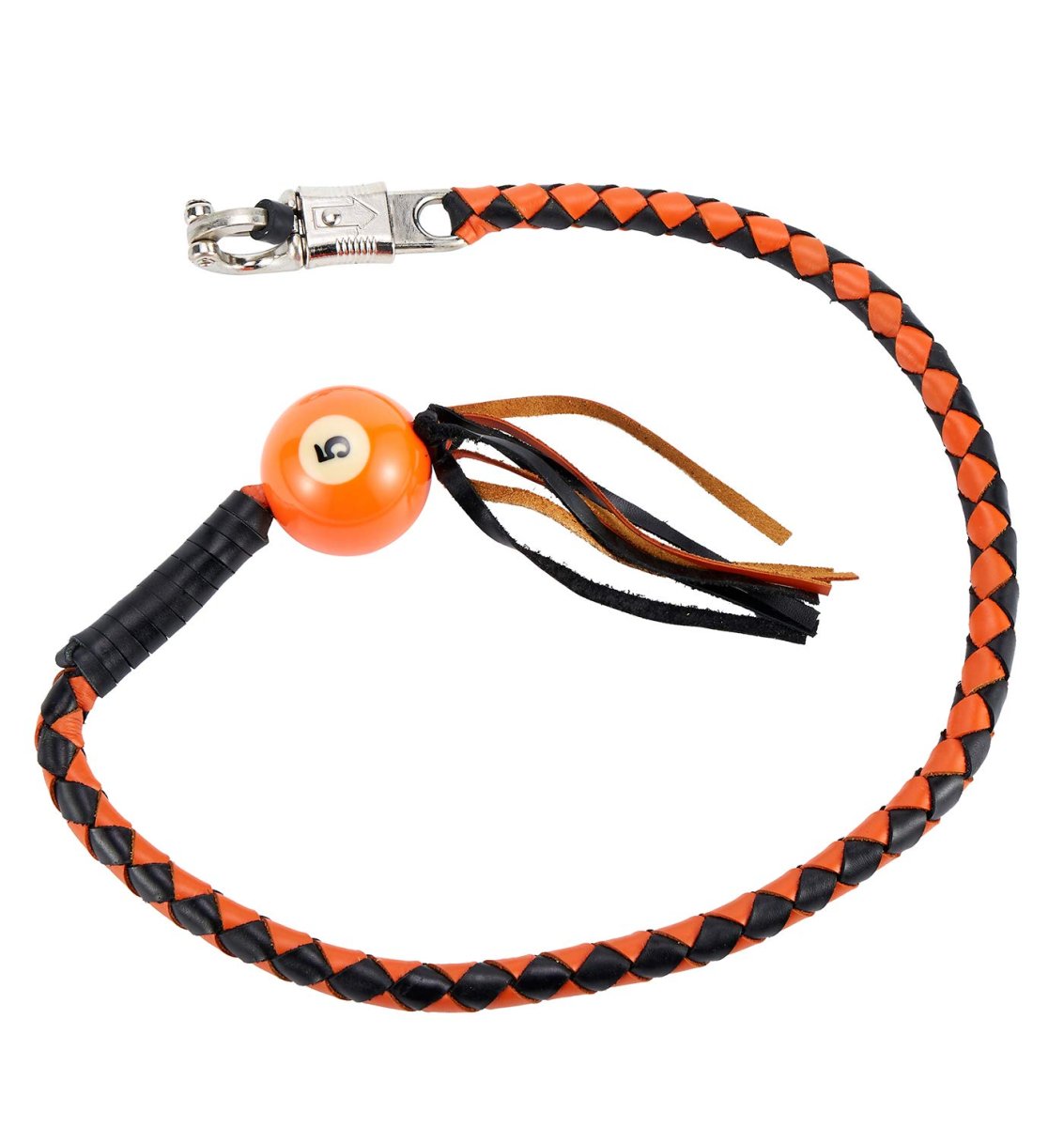 Dream Apparel 42a Leather Motorcycle Get Back Whip For Handlebar Fringed Biker With Pool Ball Black And Orange