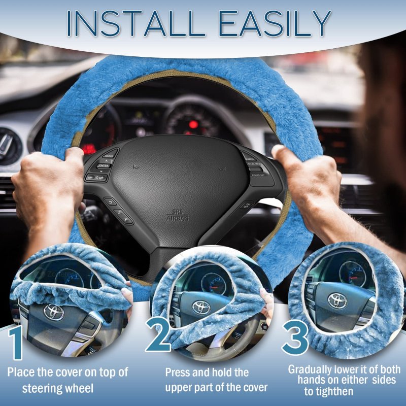 Zone Tech Fluffy Sheepskin Steering Wheel Handbrake Gear Shift Cover- Premium Quality Winter Warm Plush Stretch On Vehicle Blue