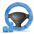 Zone Tech Fluffy Sheepskin Steering Wheel Handbrake Gear Shift Cover- Premium Quality Winter Warm Plush Stretch On Vehicle Blue 