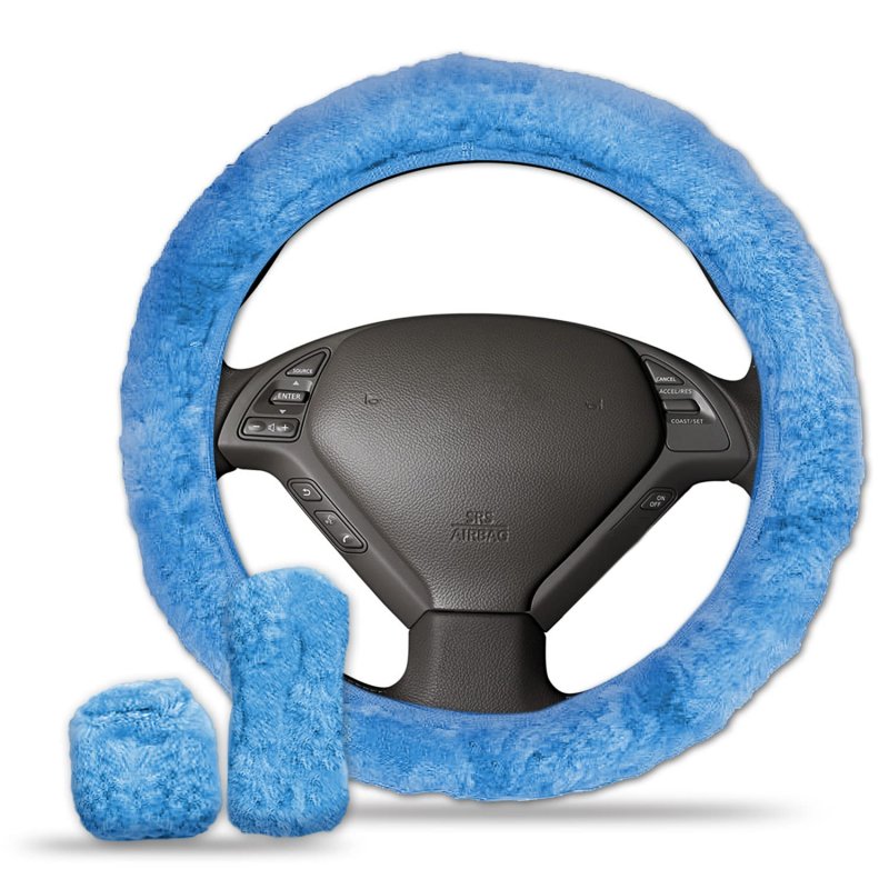 Zone Tech Fluffy Sheepskin Steering Wheel Handbrake Gear Shift Cover- Premium Quality Winter Warm Plush Stretch On Vehicle Blue