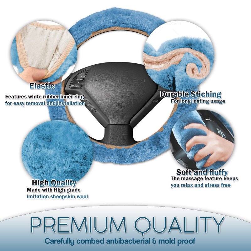 Zone Tech Fluffy Sheepskin Steering Wheel Handbrake Gear Shift Cover- Premium Quality Winter Warm Plush Stretch On Vehicle Blue